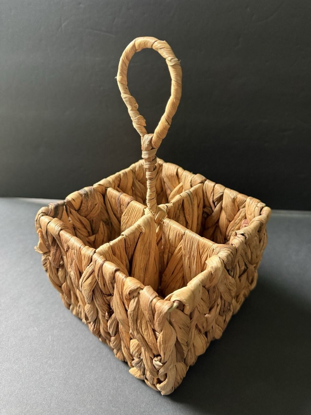 Vintage Wicker Flatware Cutlery Wine Basket Organizer Woven Divided Barware